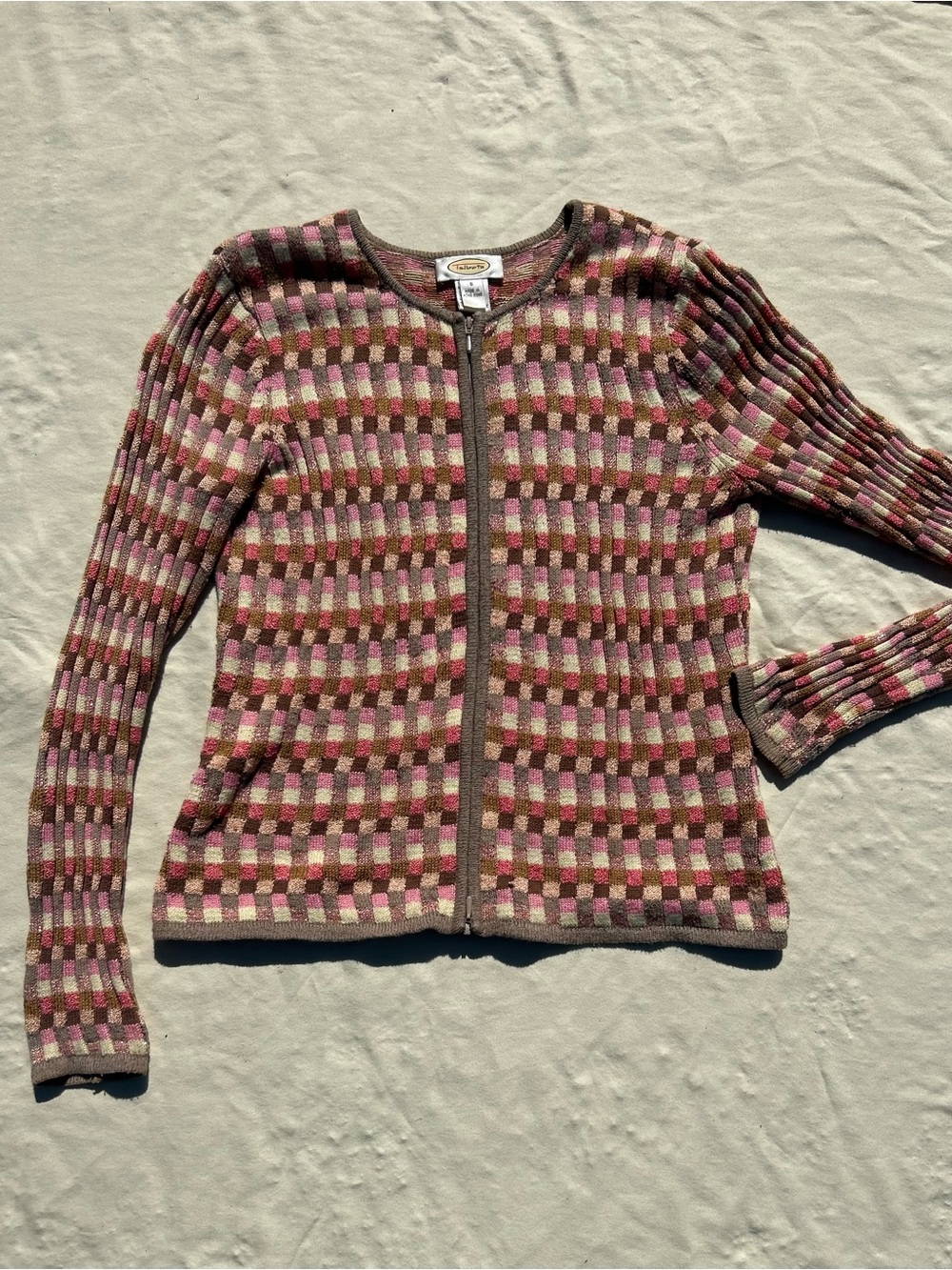 Checkerboard Zip-Front Women's Sweater - Pink & Brown